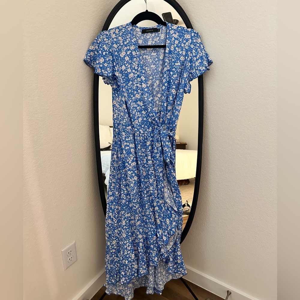 Blue Floral Wrap Midi Dress
